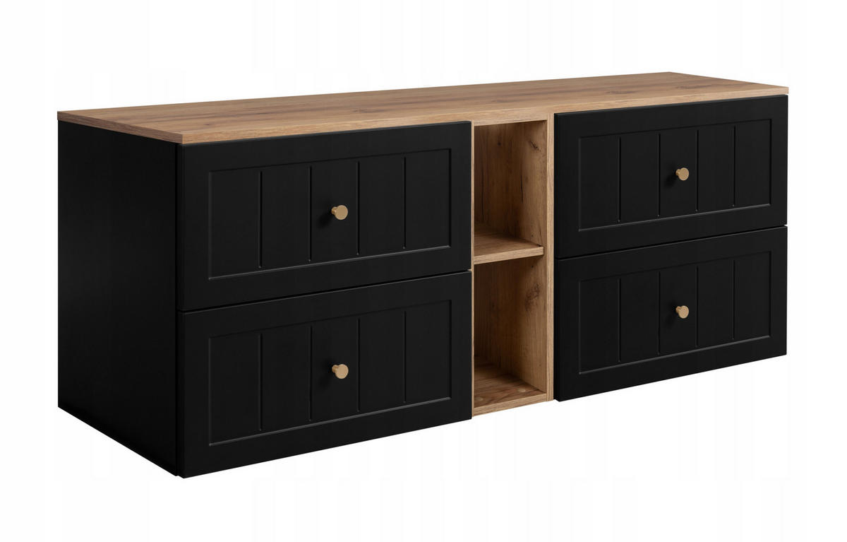 WASCHBECKUNTERSCHRANK GUSTO 140 cm mit Arbeitsplatte Farbe: Eichen Craft mit einer Mattzblacken Platte - Eichefarben/Schwarz, Holzwerkstoff (140/58/46cm) - Rodan