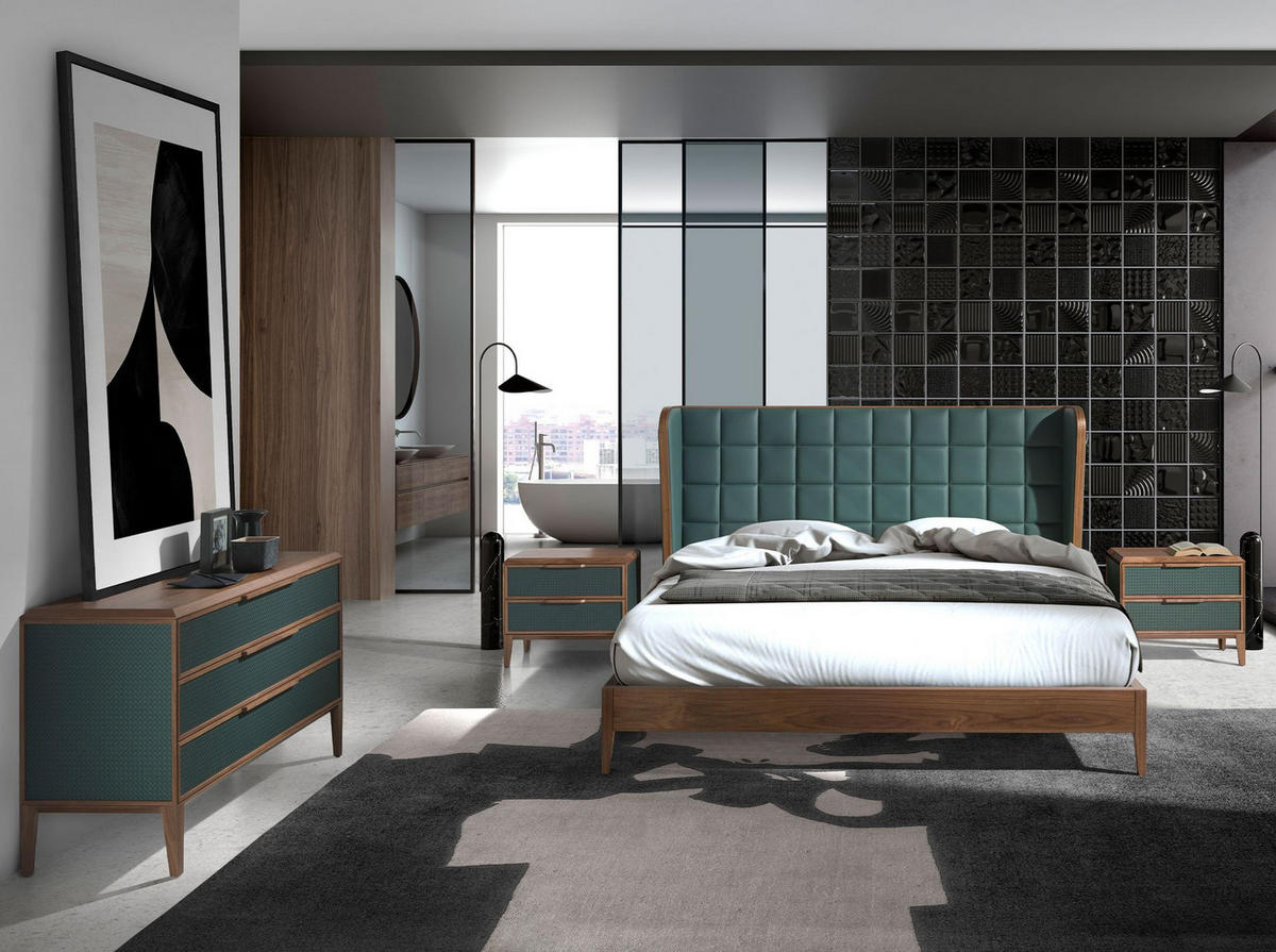 BETT Bett aus dunkelgrünem Öko-Leder 206/213/123 cm - Dunkelgrün/Walnussfarben, Leder (180/200cm) - ANGEL CERDA