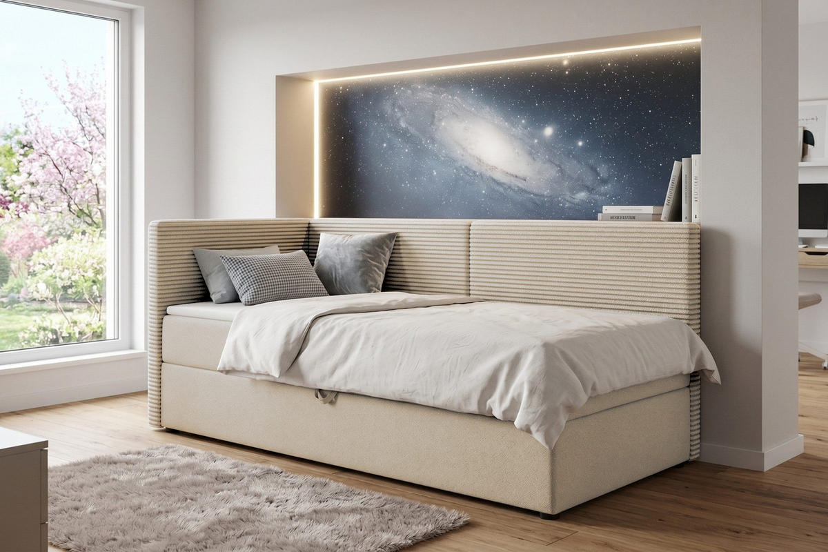 BOXBETT MILA 100/200 in Cord/Velours Ecru H3 links - Ecru, Holz/Holzwerkstoff (100/200cm) - Deine Möbel 24