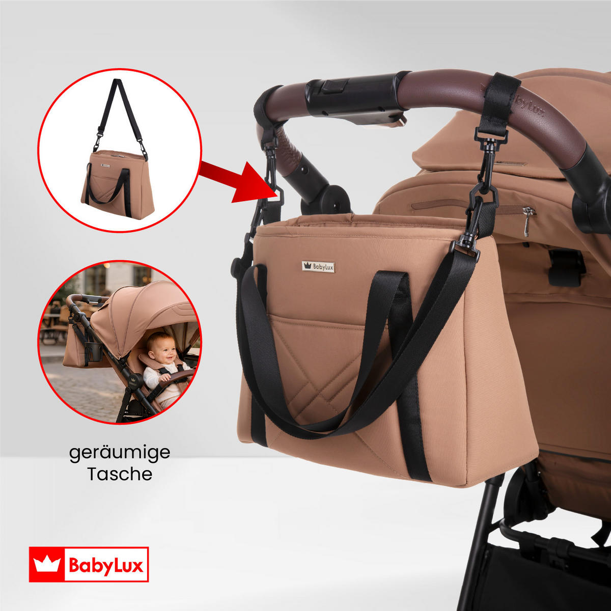 BUGGY Rolle, Klein und Leicht, Teleskopische Führung, Kompakt Faltbar, Wickeltasche, Reisetasche - Schwarz/Weiß, Textil/Metall (58/99cm) - BabyLux