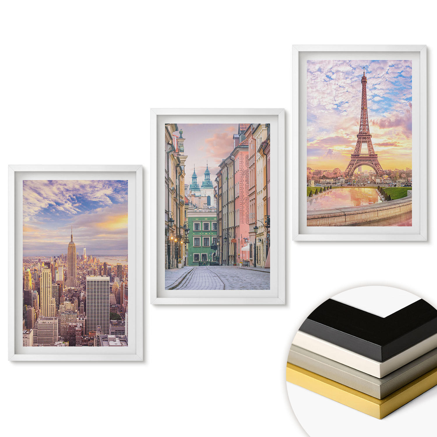 WANDBILDER 3er-Set - 40x60 cm Weißer Rahmen - Städte New York Paris Dämmerung - Weiß, Kunststoff (40/60cm) - ArtPrintCave