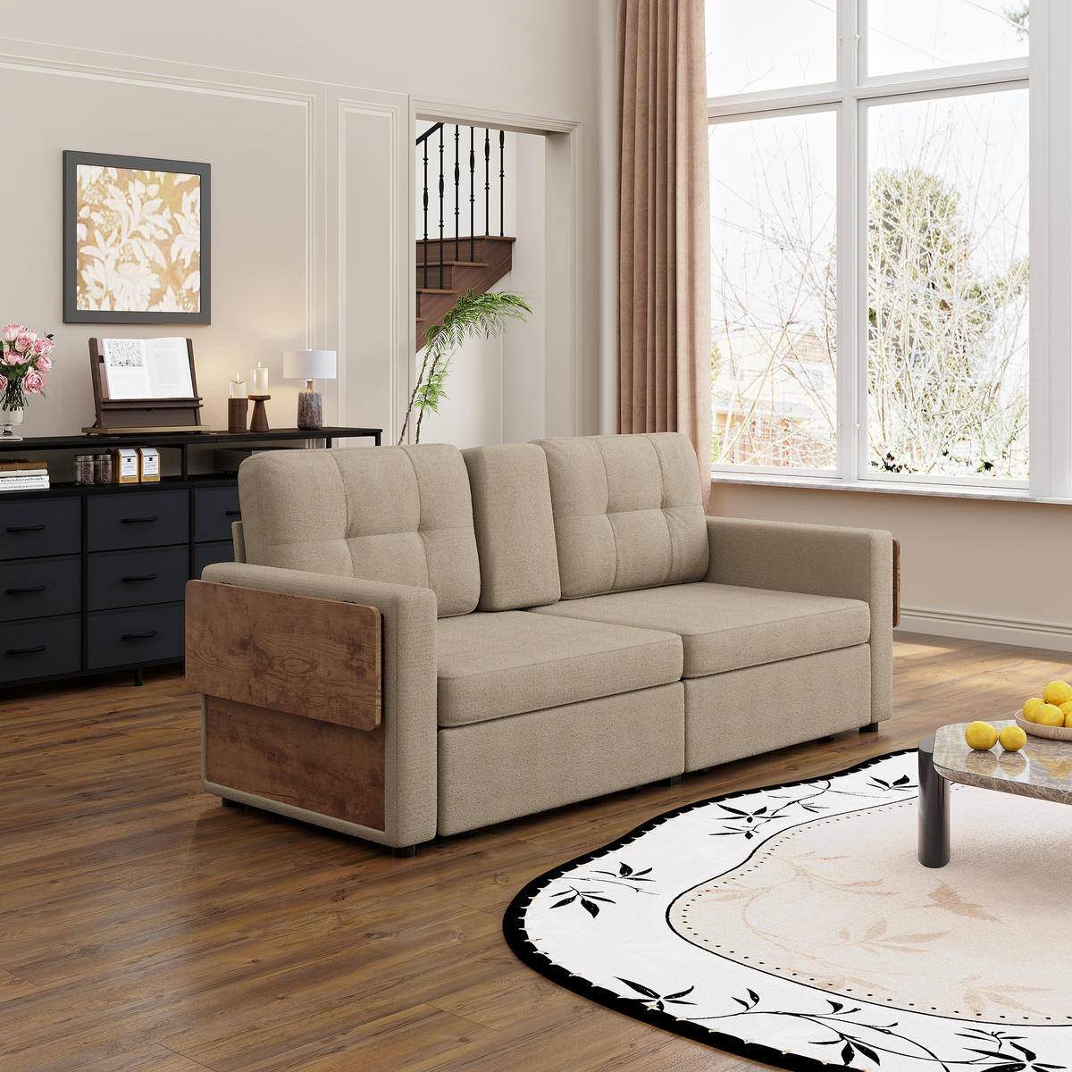2-SITZER-SOFA mit Laptop-Tisch und Stauraum, DE-42611, Khaki - Sandfarben, Metall (178/57.5/71cm) - ComfortXL