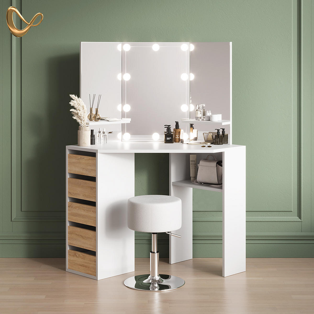 ECKSCHMINKTISCH Enna Weiß/Sonoma 110 cm mit LED Beleuchtung und Hocker - Weiß/Sonoma Eiche, Holzwerkstoff (110/141.5/54cm) - Livinity®