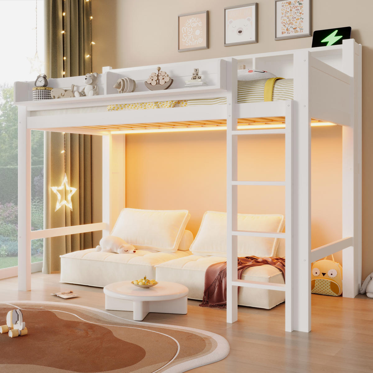 HOCHBETT 90/200 cm in Weiß mit 3 Schränken, LED und USB - Weiß, Holzwerkstoff (90/200cm) - STILVORA