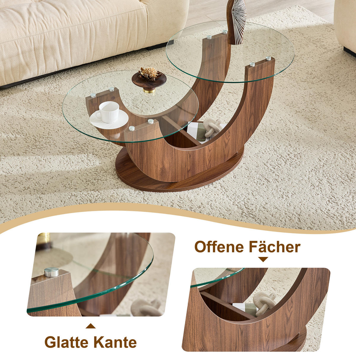RUNDER Couchtisch 80,8/66,8/49,8 cm mit 2 Glasplatten und offenem Stauraum, Transparent/Walnuss - Transparent, Holzwerkstoff (80.8/66.8/49.8cm) - Redom