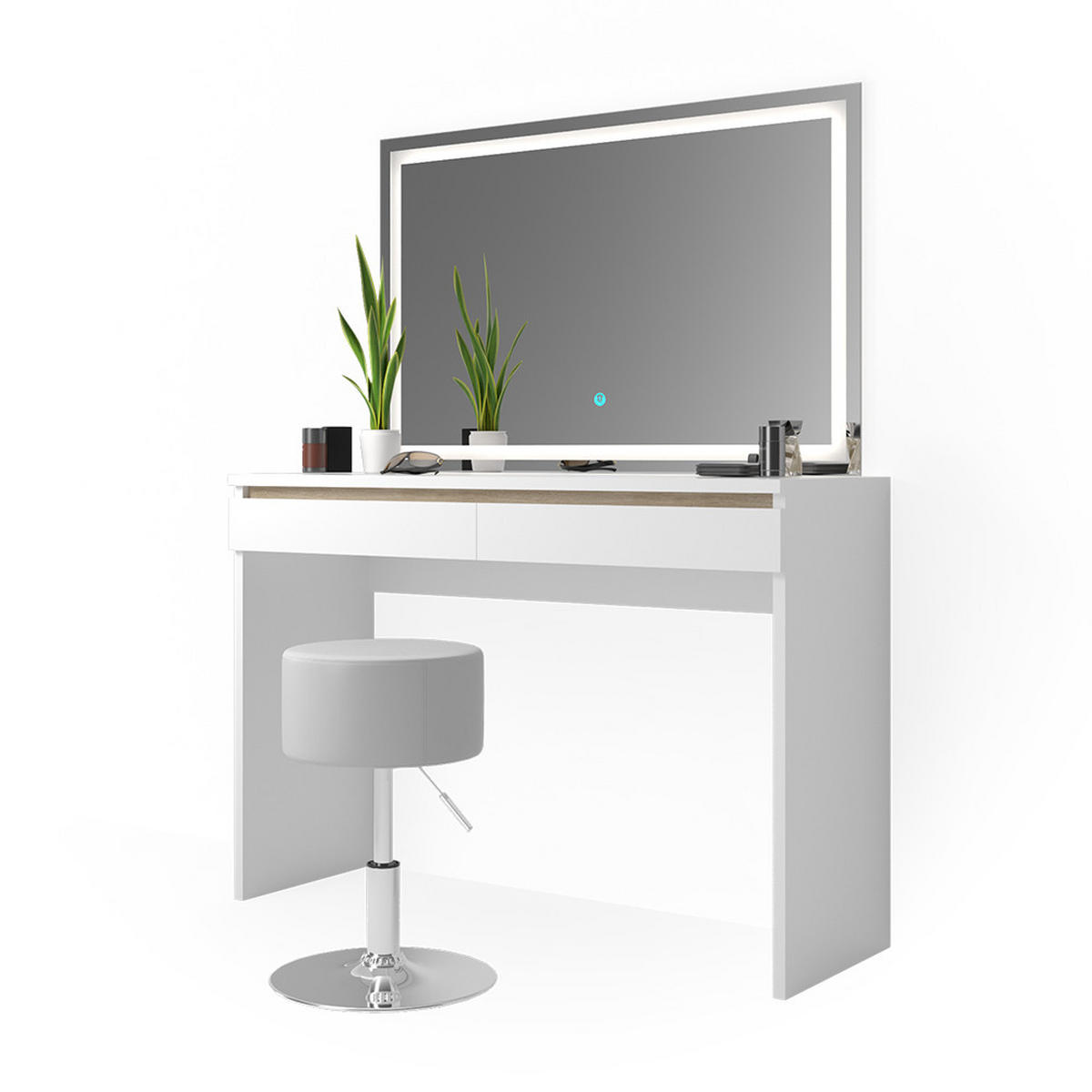 SCHMINKTISCH Emma Weiß 120 cm mit LED-Spiegel und Hocker - Weiß, Holzwerkstoff (120/83/41.8cm) - Vicco