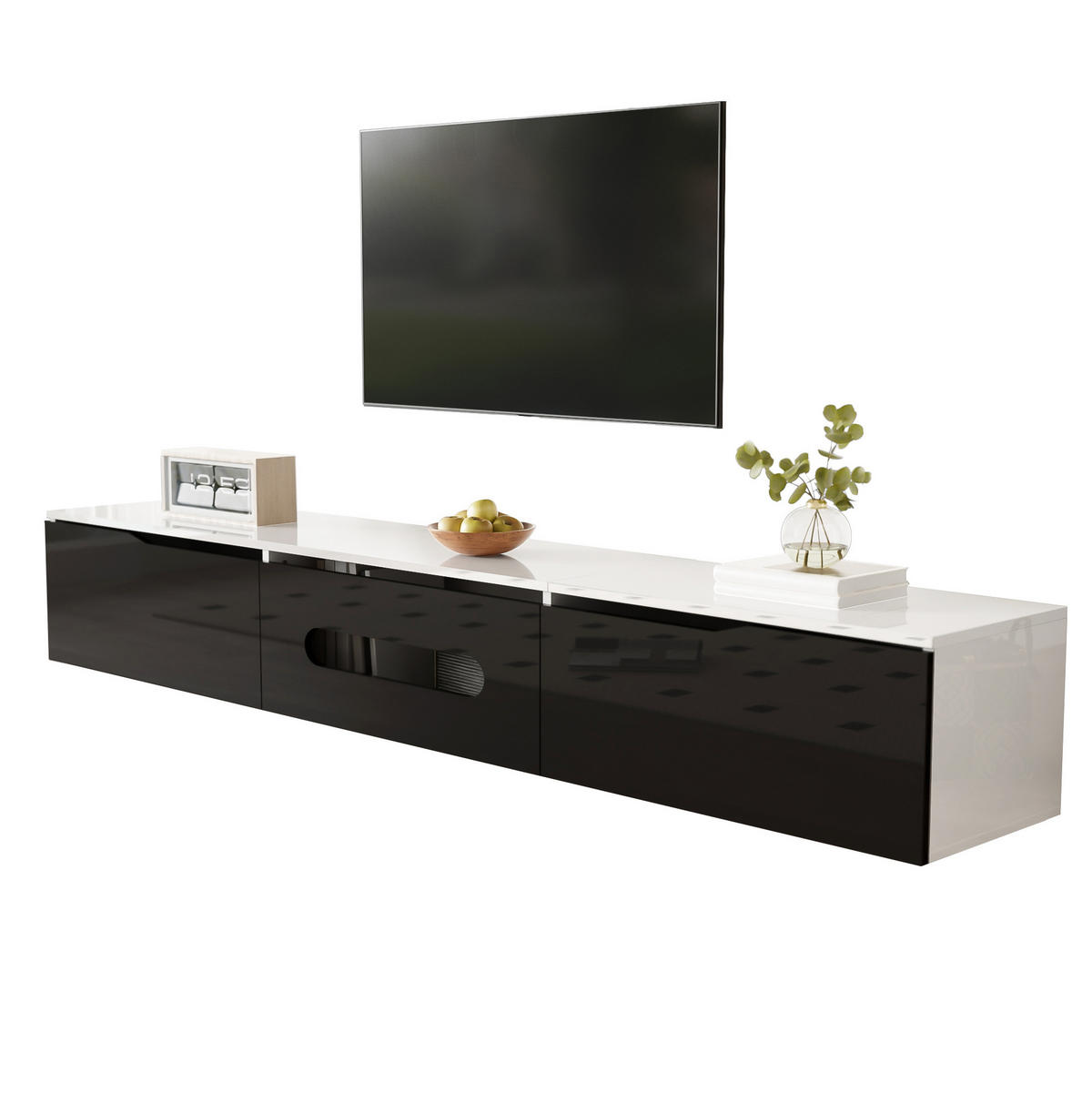 TV-BOARD aus MDF und Spanplatte 180x35x30 cm Schwarz-Weiß mit LED-Beleuchtung, wandmontierbar und mit Dämpfungsscharnieren - Schwarz, Holzwerkstoff (180/30/35cm) - Modfu