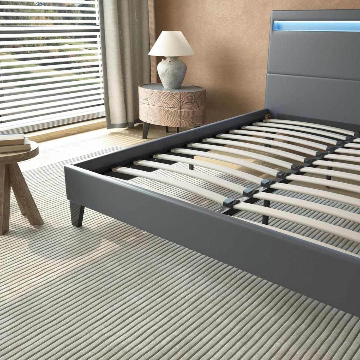 BETT 160x200 cm mit Kopfteil aus grauem Kunstleder - Grau, Naturmaterialien (160/200cm) - November Sleep