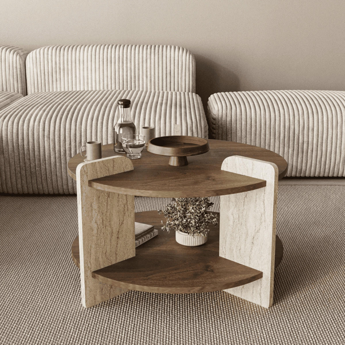 RUNDER COUCHTISCH mit doppelplatte 70/70/45 cm - Beige, Holzwerkstoff (70/70/45cm) - Calicosy