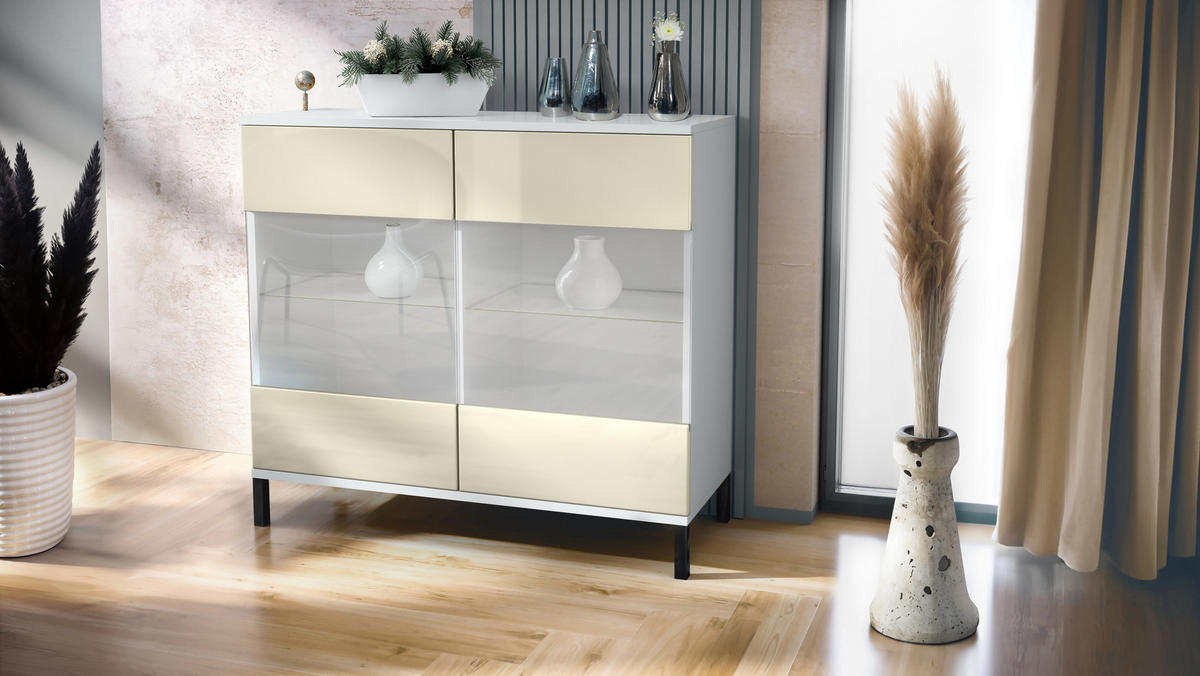 KOMMODE Bari Creme Hochglanz - Creme, Holzwerkstoff (92.5/83.5/35cm) - Vladon
