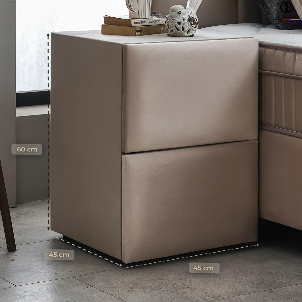 NACHTTISCH CARL 45/45/60 cm, Beige, zwei Schubladen - Beige/Schwarz, Holz/Kunststoff (45/60/45cm) - Consilio Concept