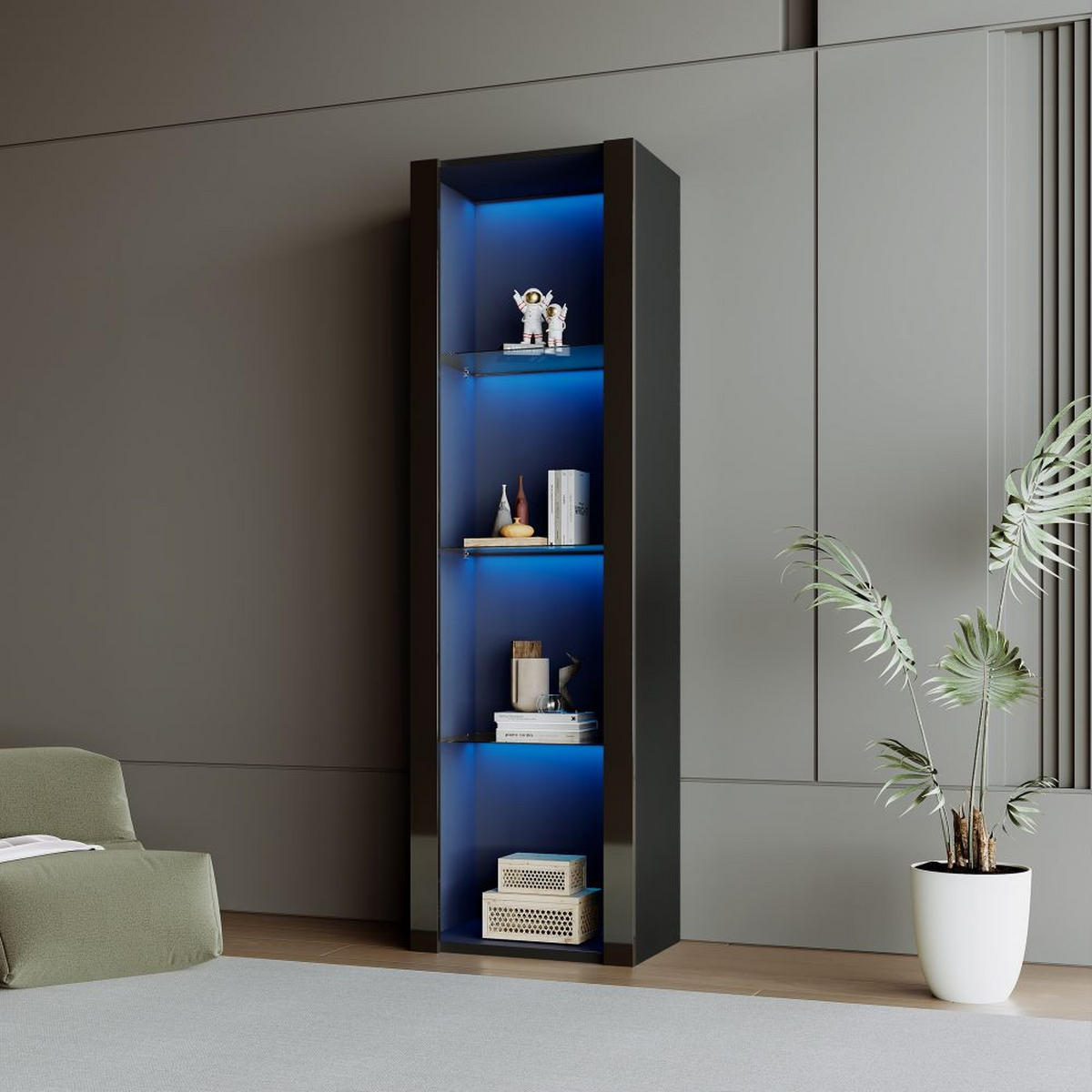 VITRISCHRANK mit LED-Beleuchtung und 3 Glasfächer，Schwarz - Schwarz, Holz (38/166/55cm) - KOMHTOM
