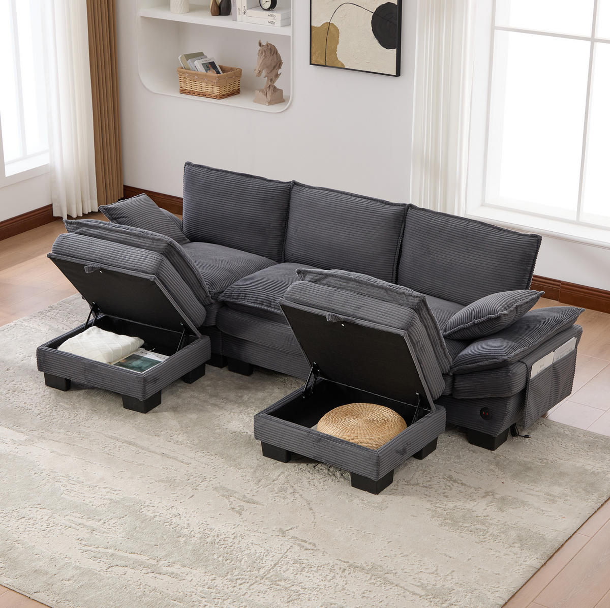 3-SITZER Sofa aus Cordstoff 260x132x84 cm in Dunkelgrau mit USB-C & Seitentaschen - Dunkelgrau, Textil (132/84/260cm) - Modfu