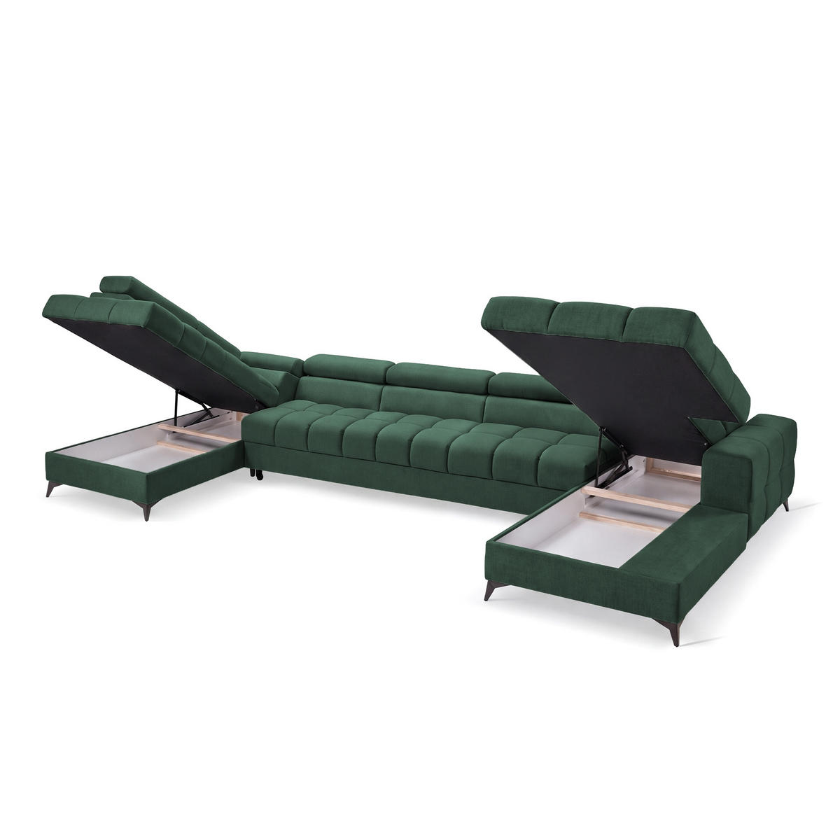 ECKSOFA PUDDING MAXI U Links mit Schlaffunktion 125x330 Velours Grün - Schwarz/Grün, Holz/Textil (203/421cm) - Muffo