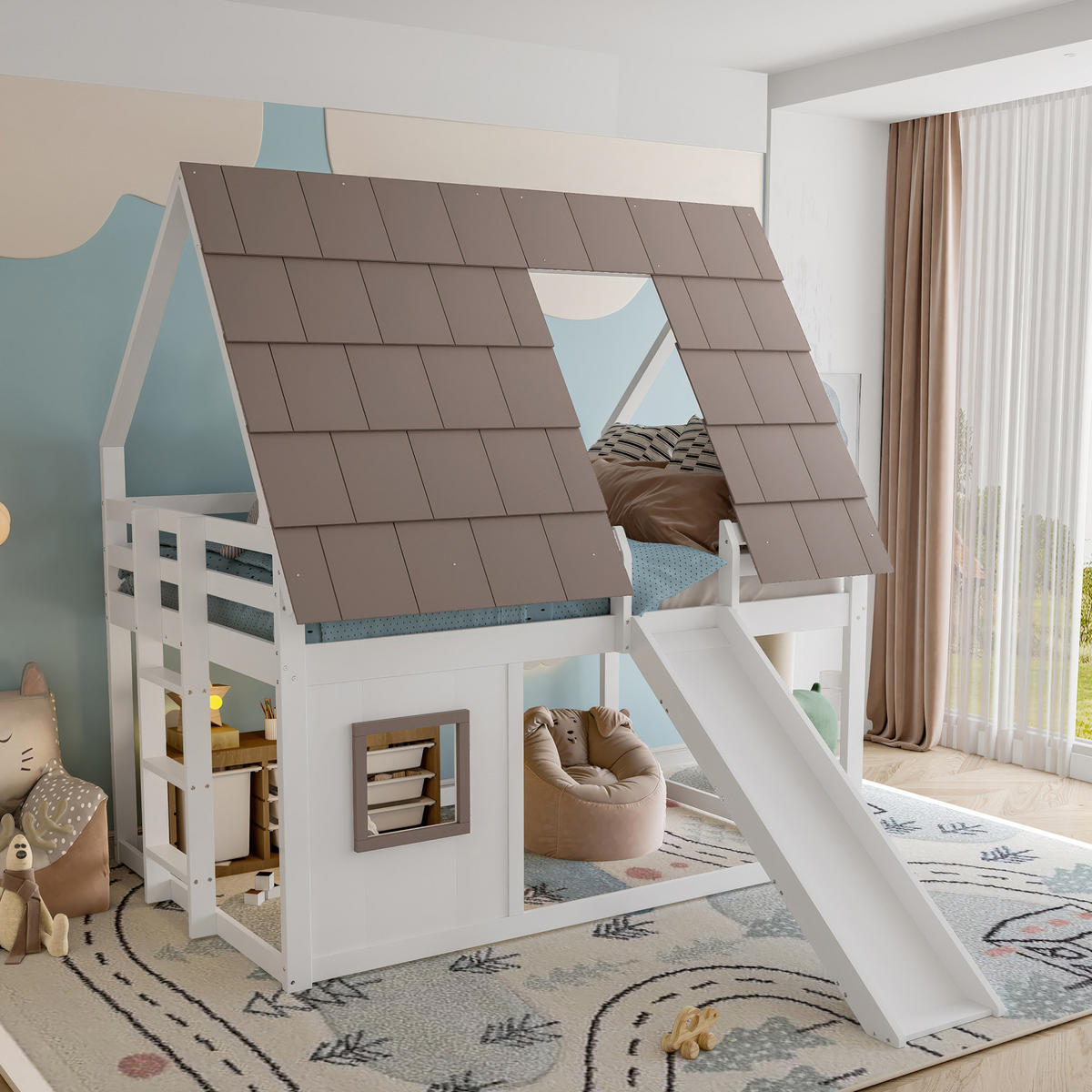 ETAGENBETT in Hausform mit Rutsche 140x200 cm Weiß/Braun - Braun, Holzwerkstoff (140/200cm) - Beauniv