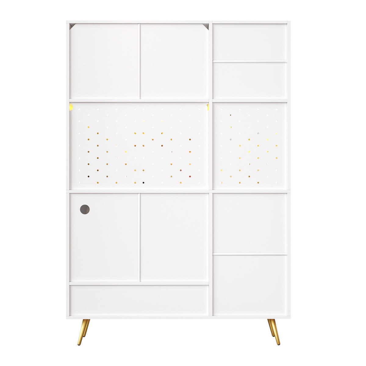 HIGHBOARD in Weiß Küchenschrank mit LED-Lichtleiste und Schubladen für Küche und Wohnzimmer, B120/T40/H176 cm - Goldfarben/Weiß, Glas/Holzwerkstoff (120/176/40cm) - STILVORA
