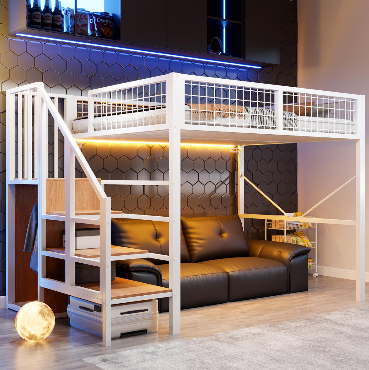 HOCHBETT aus Metall und Holz 140x200 cm Weiß mit Stauraumleiter, Kleiderstange und LED-Beleuchtung - Weiß, Metall (140/200cm) - Modfu
