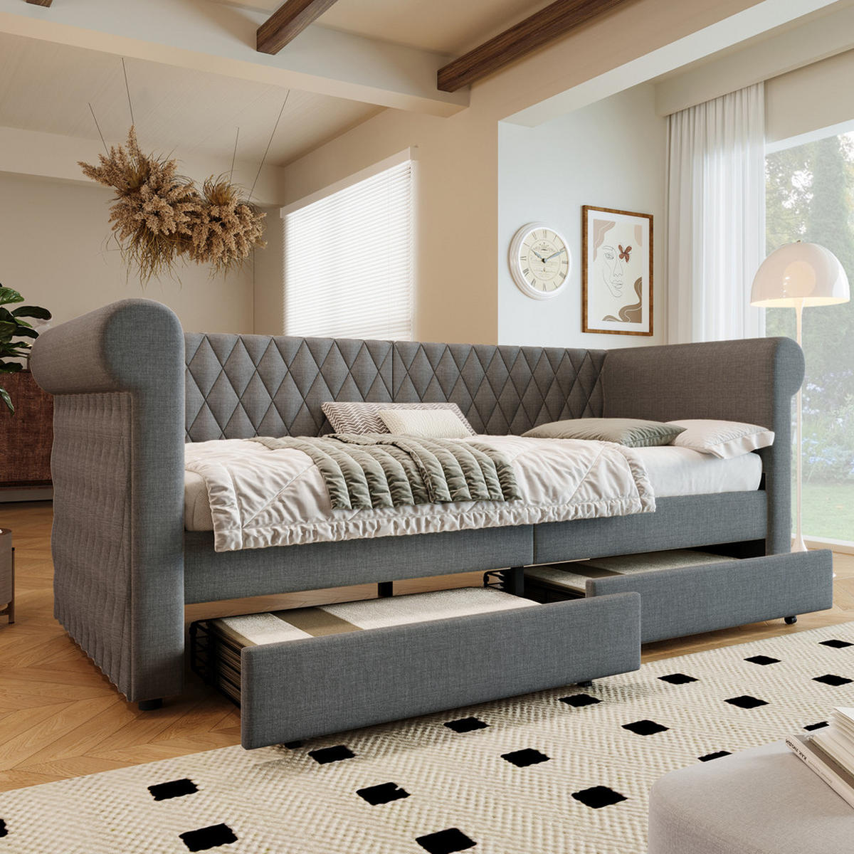 TAGESBETT 90x200cm Vintage Schlafsofa 2 Schubladen Grau Leinen - Grau, Holz (90/200cm) - FLIEKS