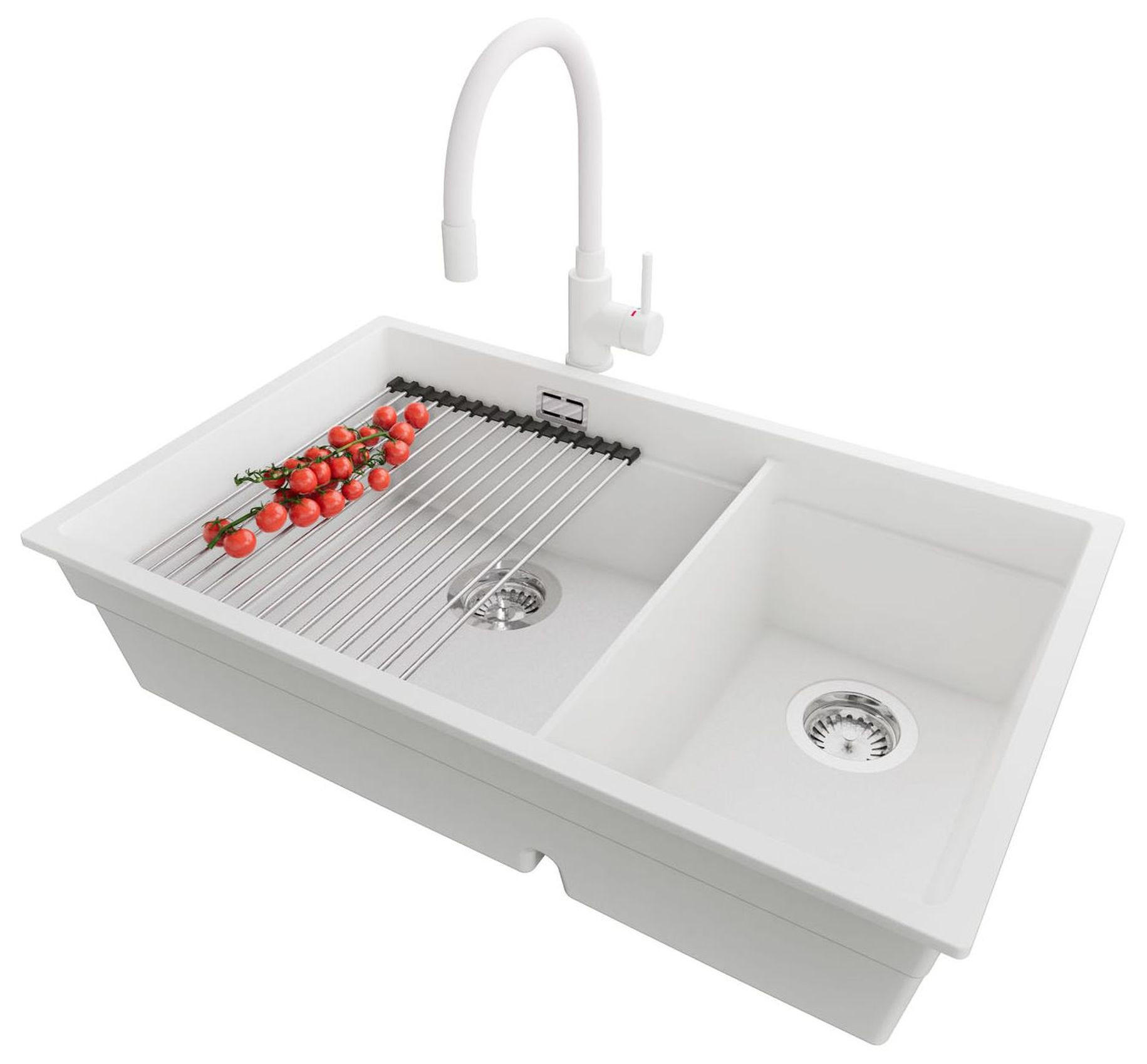 GRANITSPÜLE Praga Slim Duo, 2-er set Weiß 76/47 cm 2 Becken + Küchenarmatur 38/14 cm + Ablauf-Set + Aufrollbare Abtropffläche ab 80er Unterschrank - Chromfarben/Weiß, Kunststoff (76/20/47cm) - Primagran