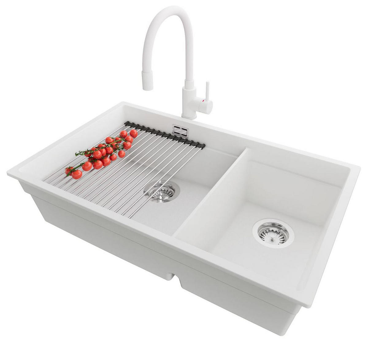 GRANITSPÜLE Praga Slim Duo, 2-er set Weiß 76/47 cm 2 Becken + Küchenarmatur 38/14 cm + Ablauf-Set + Aufrollbare Abtropffläche ab 80er Unterschrank - Chromfarben/Weiß, Kunststoff (76/20/47cm) - Primagran