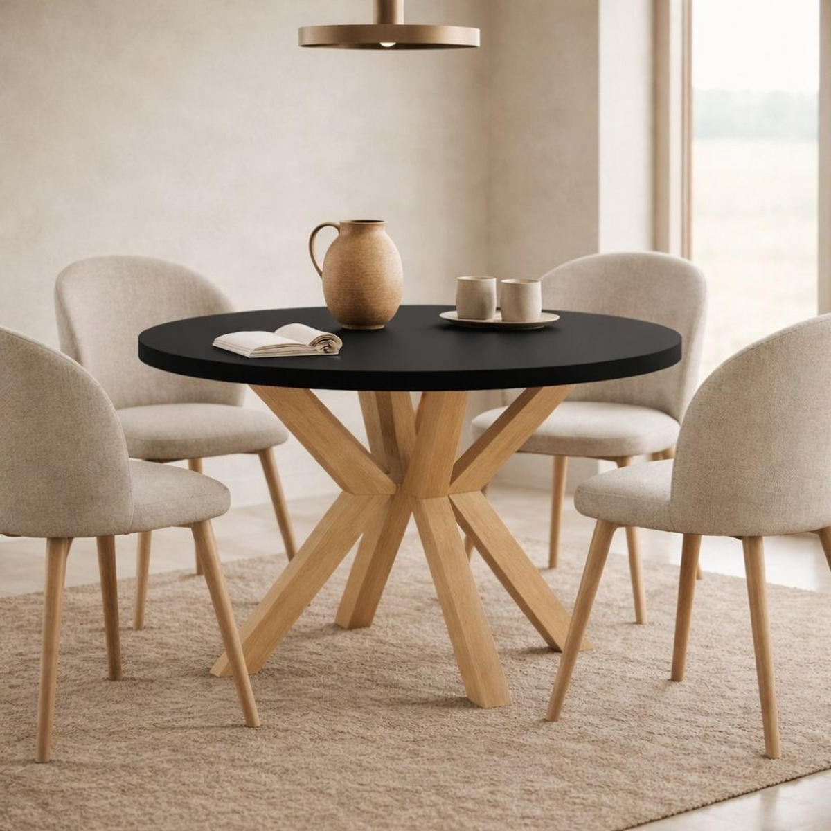 ESSTISCH RAL mit Holzbeinen, Durchmesser: 90 / 190 cm Schwarz / Buche Natur - Buchefarben/Schwarz, Holz (90/190/77cm) - Dekori_Interiors