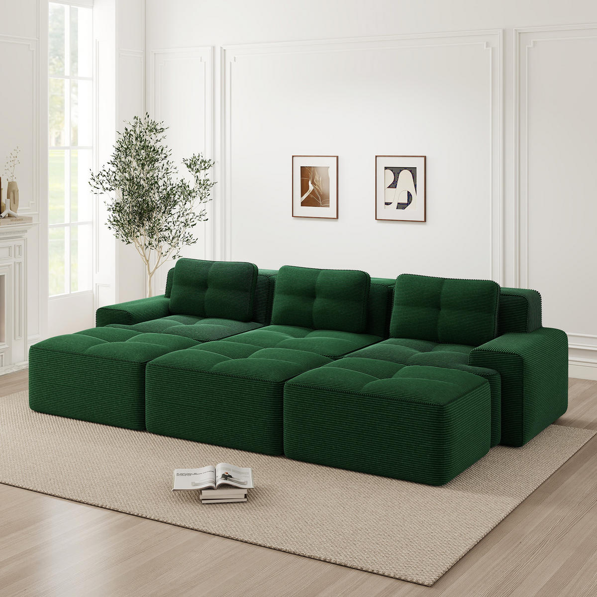 3-SITZER Sofa 293x177x69 cm aus Cordstoff rahmenlos modular mit 3 Hockern, grün - Grün, Textil (177/69/293cm)