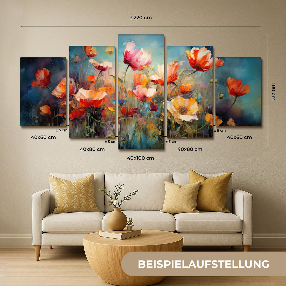 LEINWANDBILD 5er Set Blumen - Bunt - Abstrakt 200x100 cm - Blaugrau, Textil (200/100cm) - MuchoWow