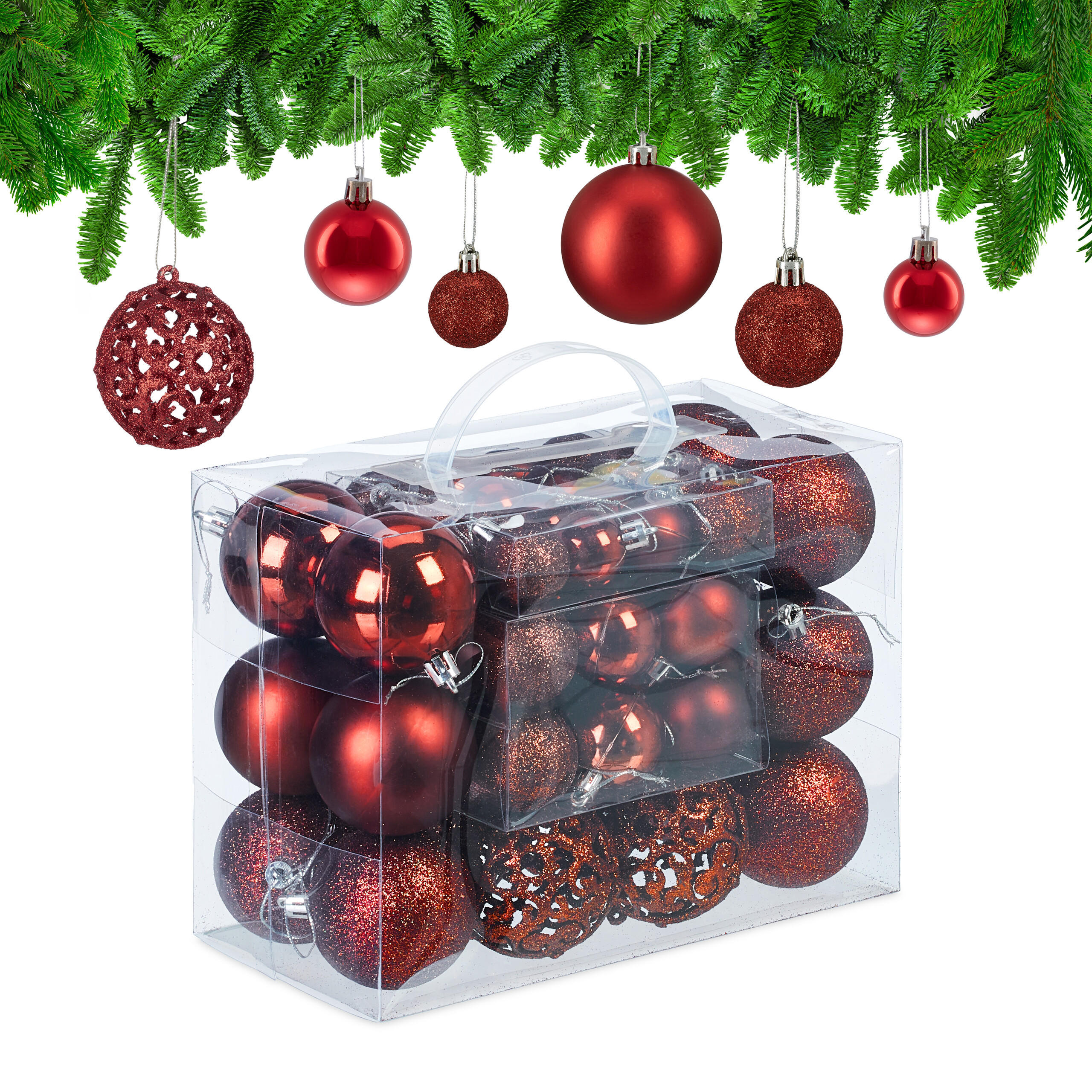 WEIHNACHTSKUGELN-SET 50-tlg. - Rot, Kunststoff (6/7/6cm) - Relaxdays