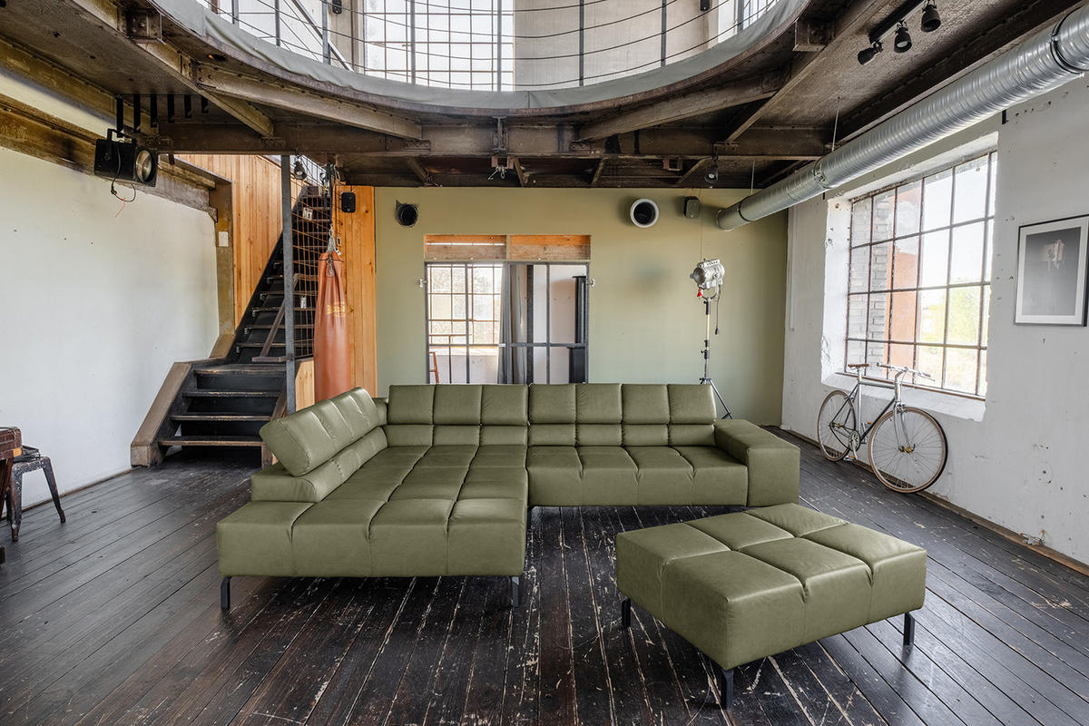 ECKSOFA NELSON Grün Leder Relaxfunktion - Schwarz/Olivgrün, Leder/Metall (321/216cm) - KAWOLA