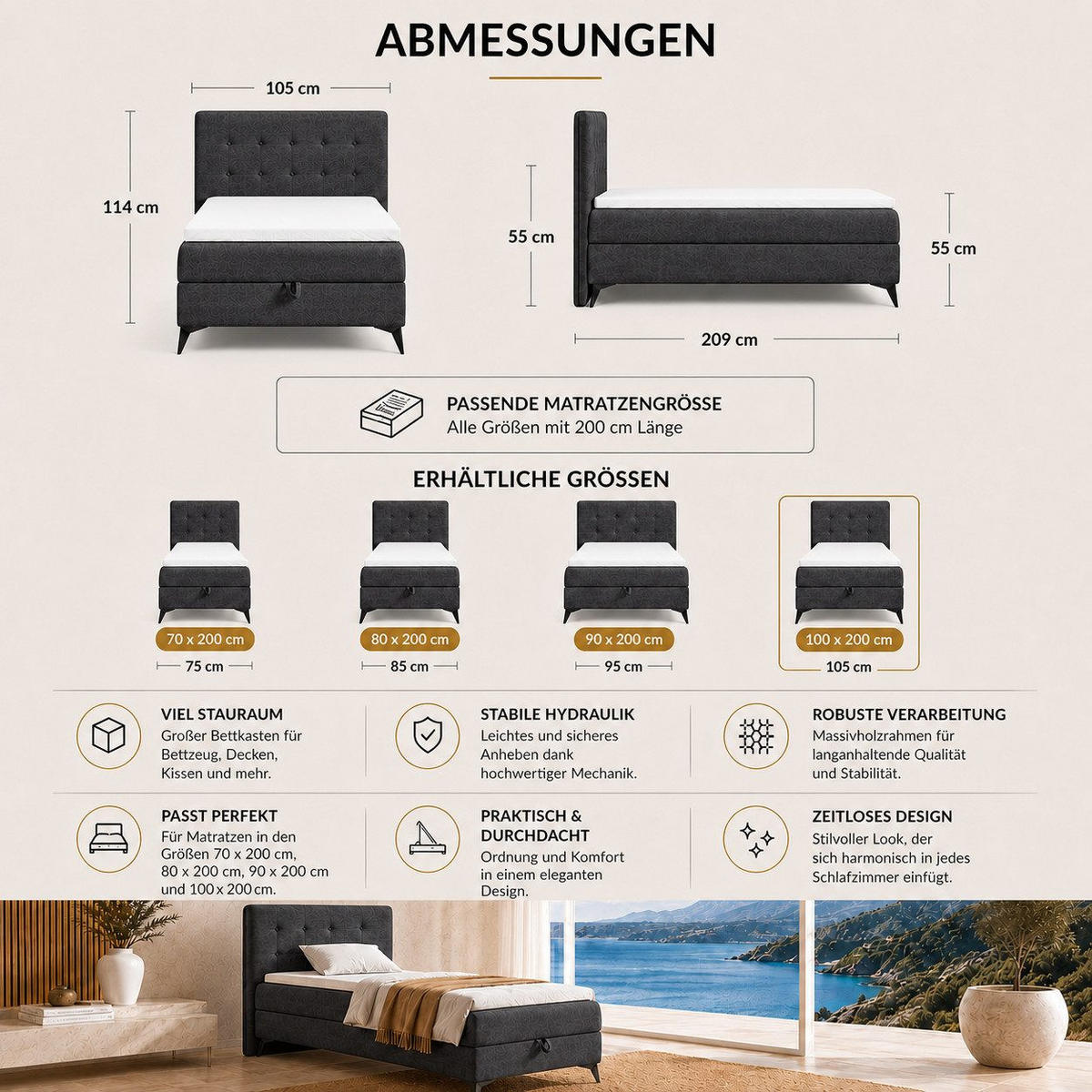 BOXBETT K15 Single SLIM mit Bettkasten & Bonell-Federkern ohne Topper - Dunkelbraun, Holz/Textil (200/100cm) - Best For Home