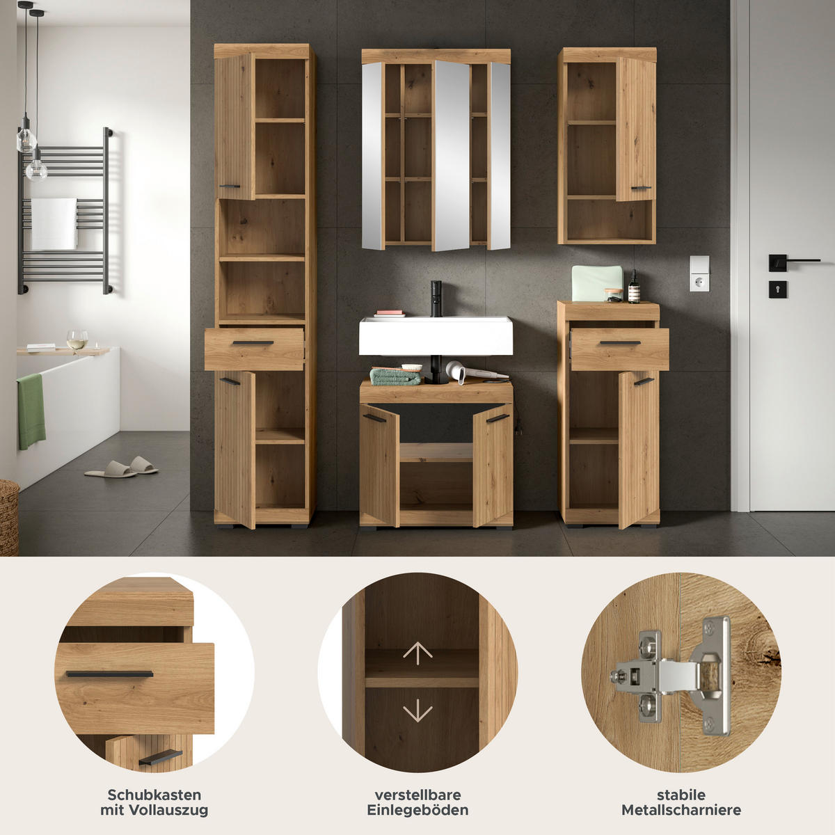 BADEZIMMER Vento (B/H/T: ca. 164/191/34 cm) 5-tlg. in Artisan Eiche /Artisan Eiche - Eiche Artisan, Holz (164/191/34cm)