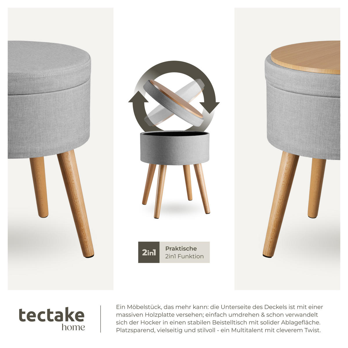 SITZHOCKER mit Stauraum Yara,42,5 x 42,5 x 45,5 cm,hellgrau - Hellgrau, Holz (42.5/45.5/42.5cm) - tectake