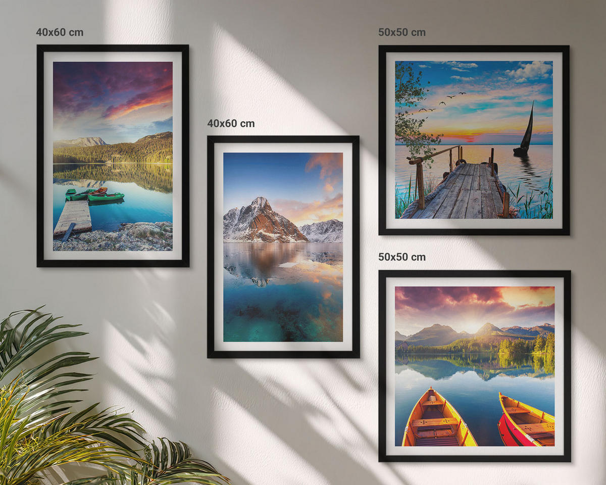 WANDBILDER 4er-Set - 50x50 cm & 40x60 cm Schwarzer Rahmen - Seen- und Berglandschaft Łódź - Schwarz, Kunststoff (50/50cm) - ArtPrintCave