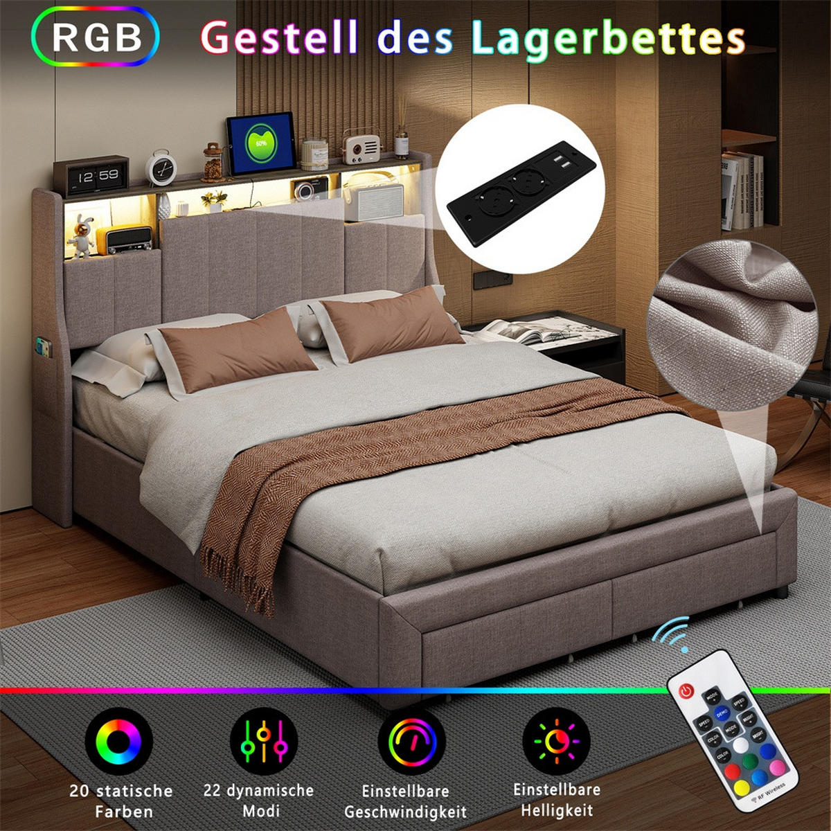 POLSTERBETT 160x200 cm mit LED-Ohrenkopfteil, Ablagefächern, Seitentaschen und 2 schubladen - ohne Matratze - Grau - Grau, Textil (160/200cm) - DELFA