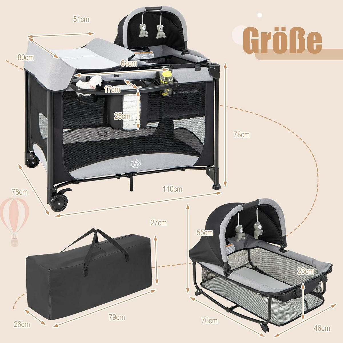 BABYBETT 5 in 1 Babyreisebett Schwarz - Schwarz, Textil - COSTWAY