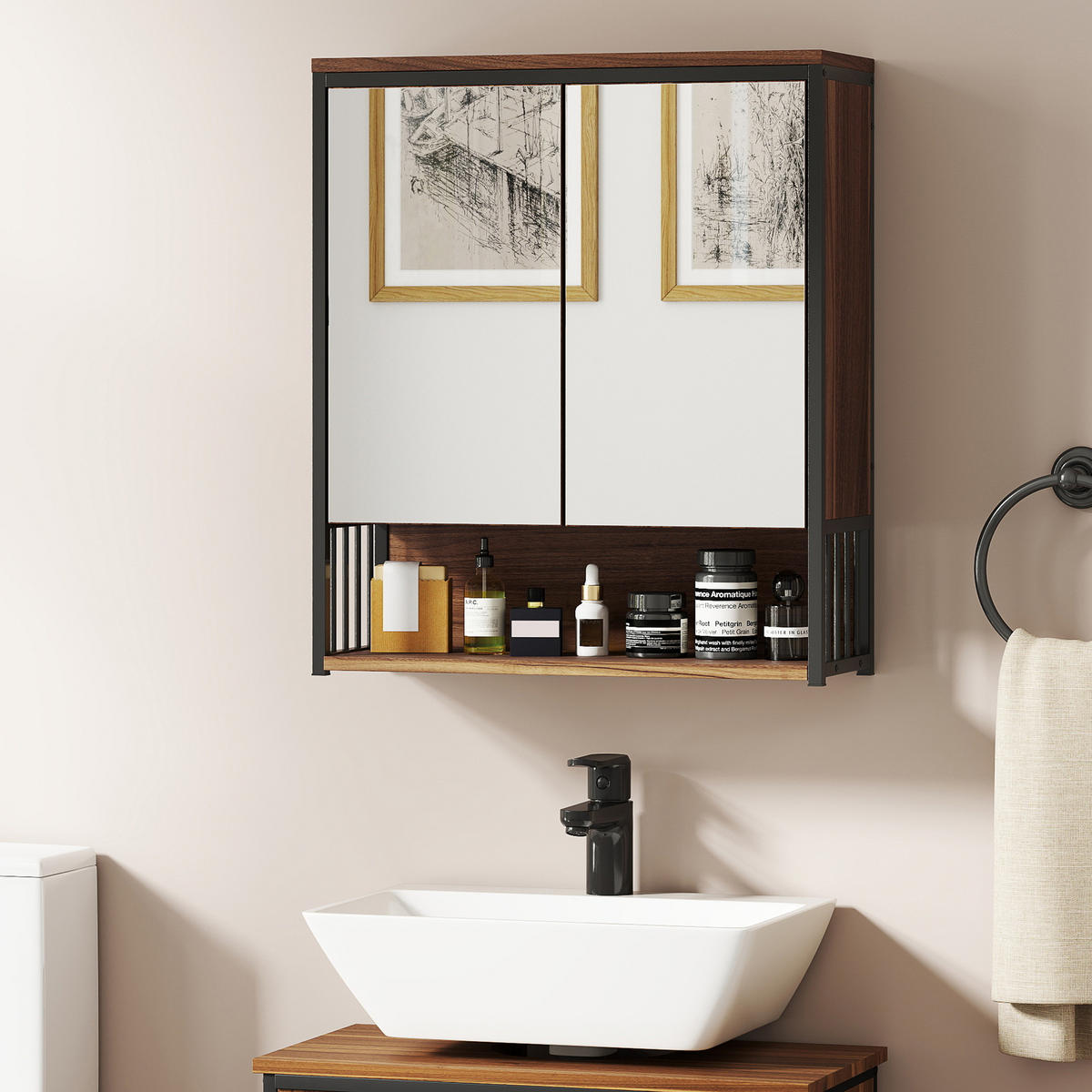 SPIEGELSCHRANK Bad, Badezimmerschrank mit sanft schließender Tür, Fächern, Braun - Braun, Holzwerkstoff (20/65/56cm) - HOMCOM