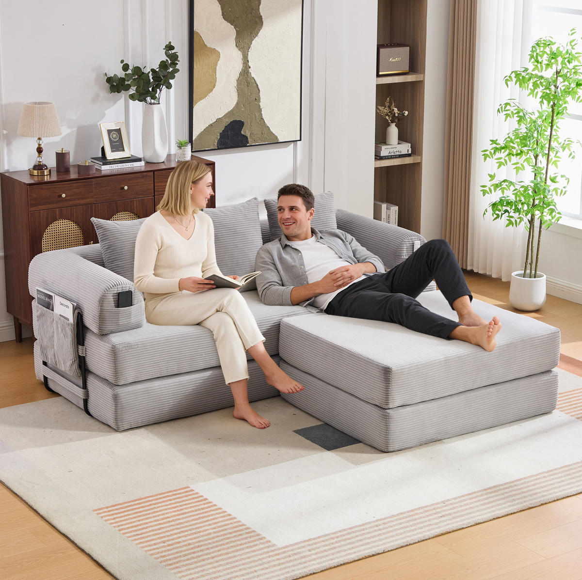 SOFA modular mit Hocker 200 x 190 cm Cord Hellgrau - Hellgrau, Kunststoff (190/200cm) - Meubliv