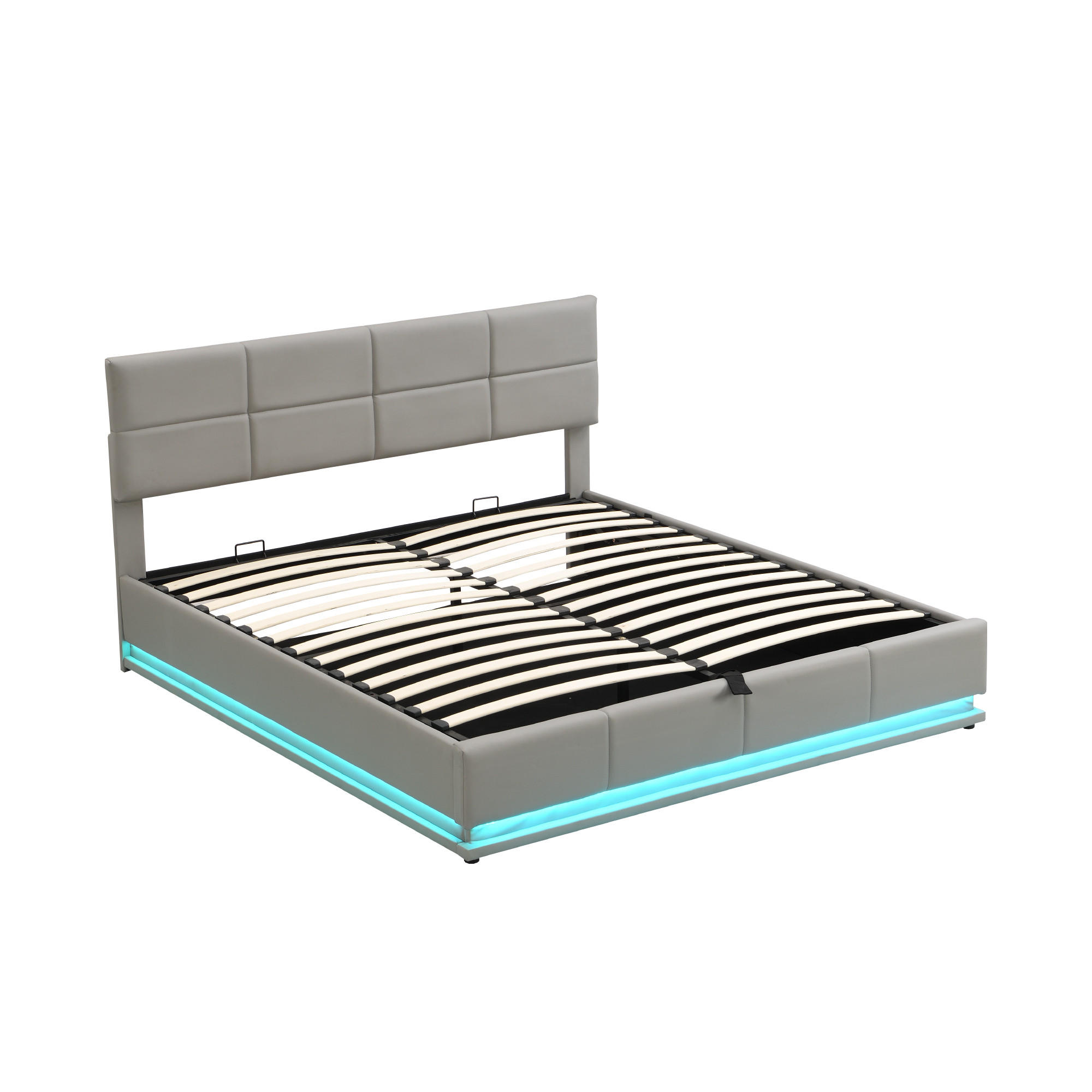POLSTERBETT 180/200 cm Hellgrau mit LED-Beleuchtung und hydraulischem Bettkasten aus Kunstleder - Fango, Kunststoff (180/200cm) - OKWISH