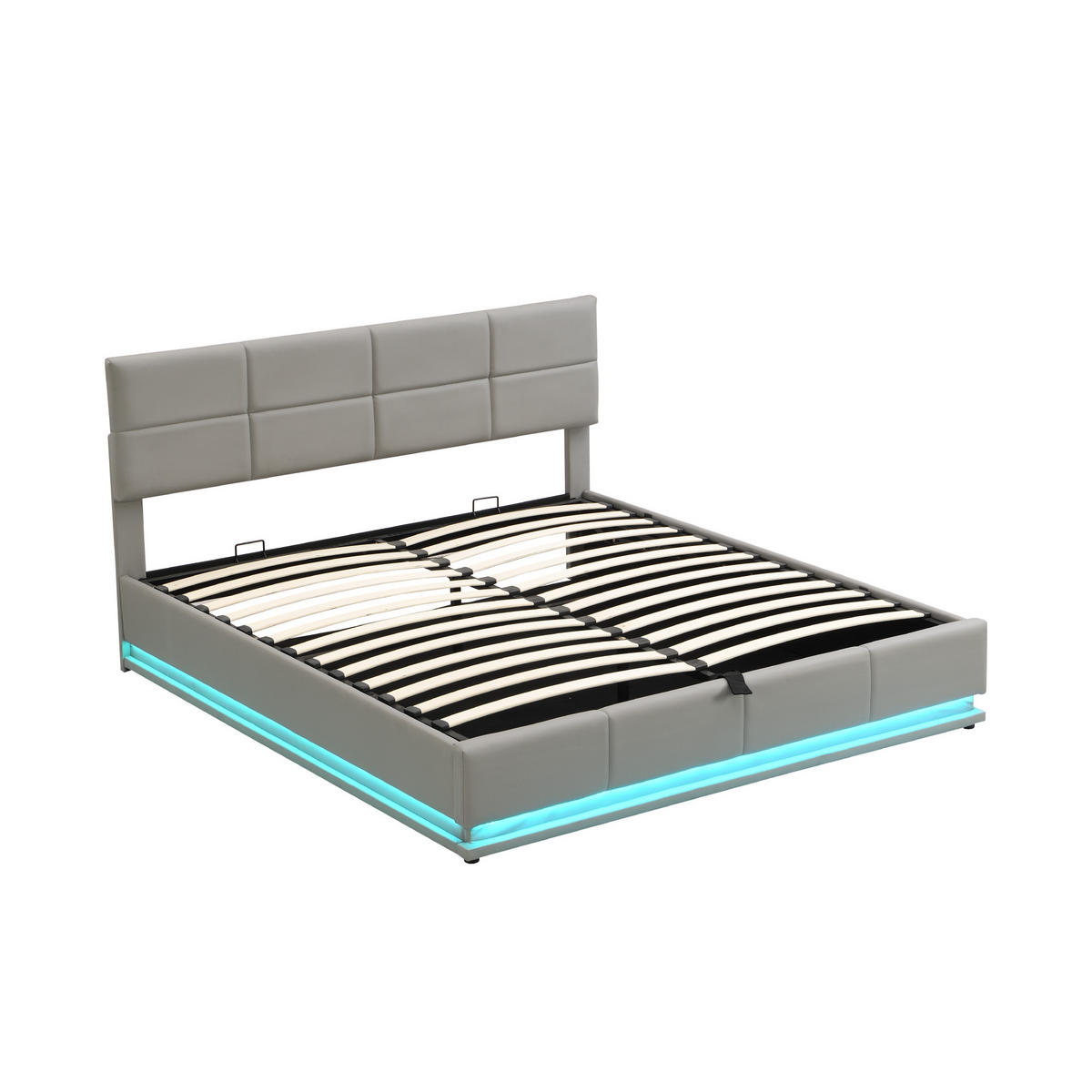 POLSTERBETT 180/200 cm Hellgrau mit LED-Beleuchtung und hydraulischem Bettkasten aus Kunstleder - Fango, Kunststoff (180/200cm) - OKWISH