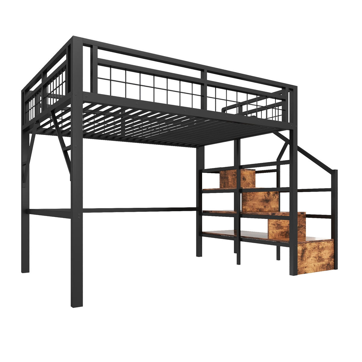 HOCHBETT 140x200 cm in Schwarz mit LED-Beleuchtung und Stauraumtreppe - Schwarz, Metall (140/200cm) - IVMEU