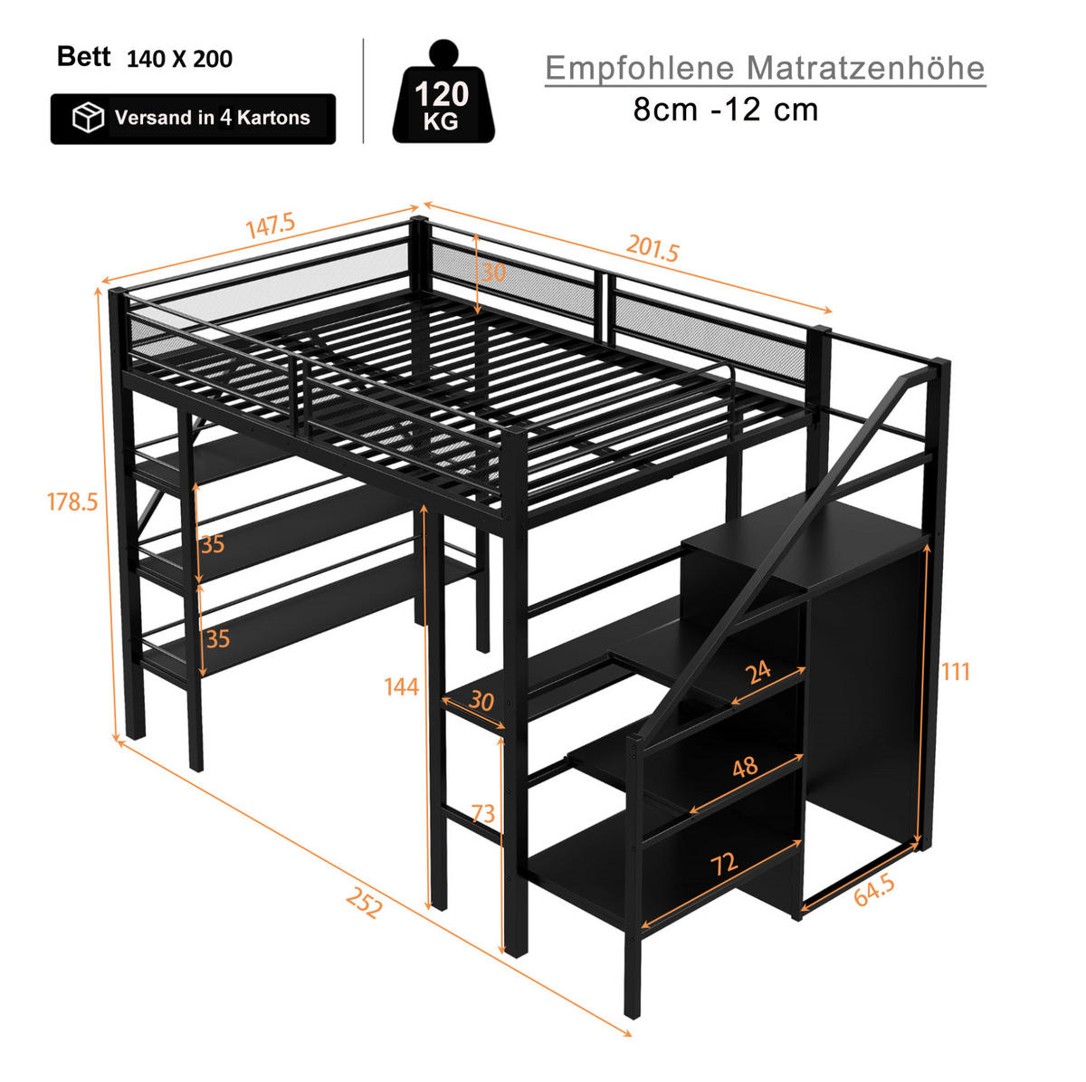 HOCHBETT 140/200 cm Schwarz mit Schreibtisch und Ablageregal aus Metall - Schwarz, Metall (140/200cm) - OKWISH