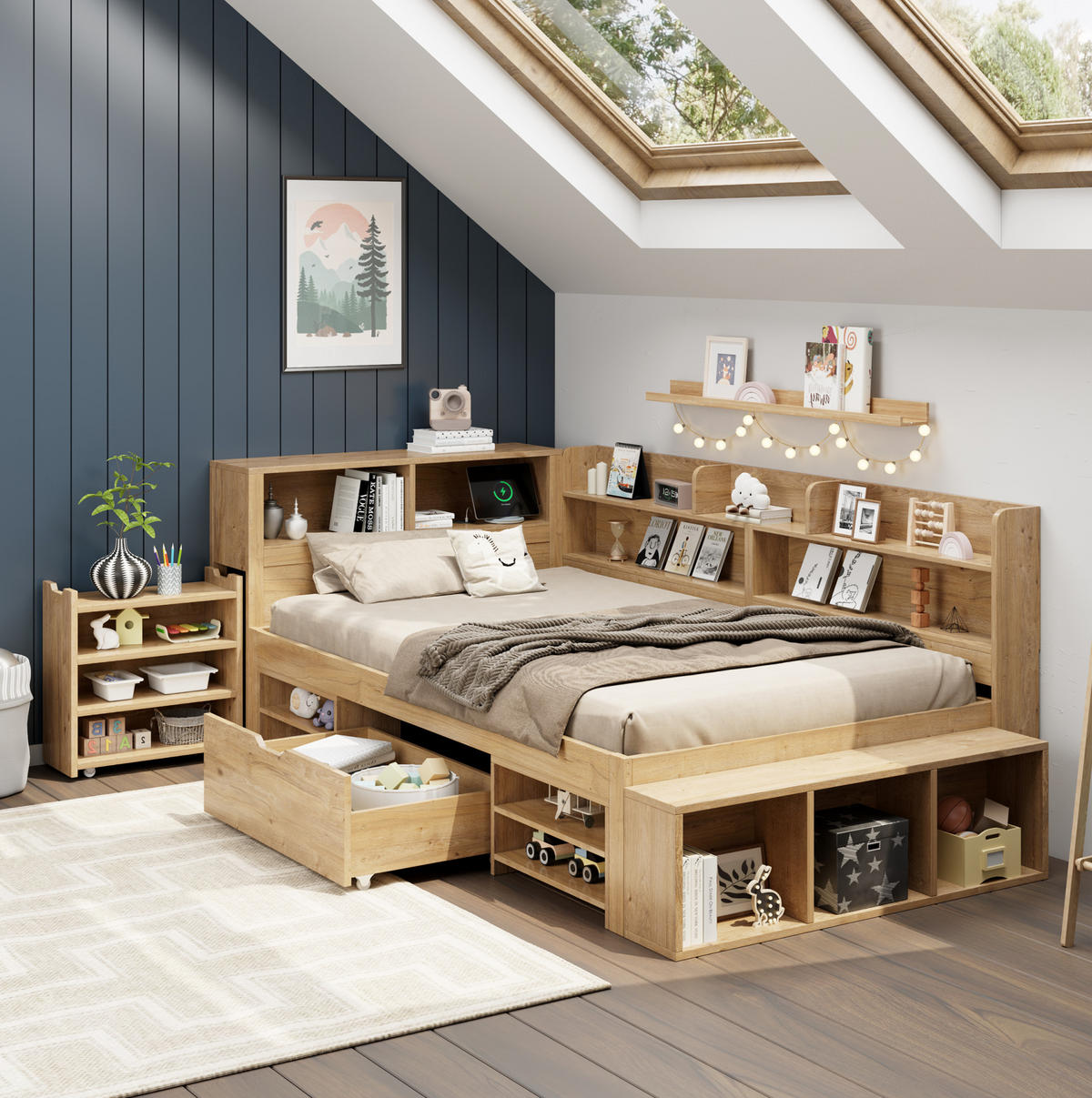 KINDERBETT aus Sperrholz 90x200 cm Natur mit Stauraum, Regalen und Schublade - Naturfarben, Holzwerkstoff (90/200cm) - IVMEU