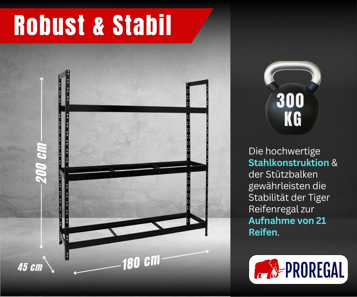 REIFENREGAL Tiger XL 200x180x45 cm 300 kg Fachlast bis zu 21 Reifen auf 3 Ebenen Schwarz - Schwarz, Metall (180/200/45cm) - PROREGAL