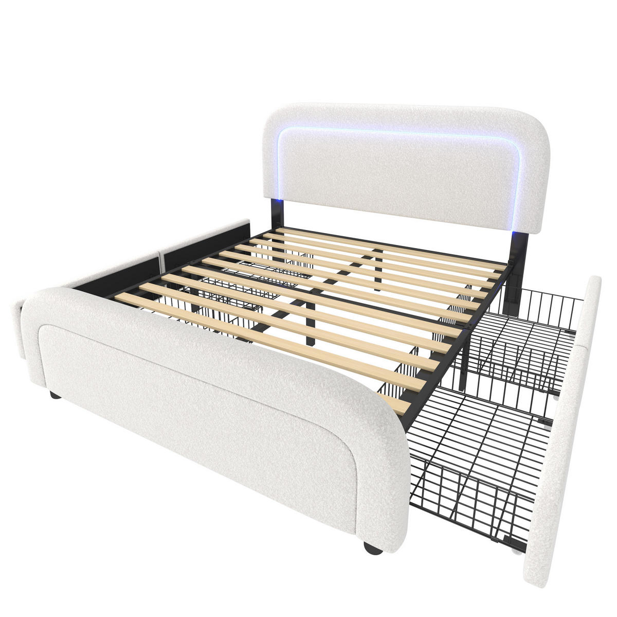 POLSTERBETT 140/200 cm aus Sherpa mit USB-C, LED-Beleuchtung und 4 Schubladen Weiß - Weiß, Fell (140/200cm) - Modenvie