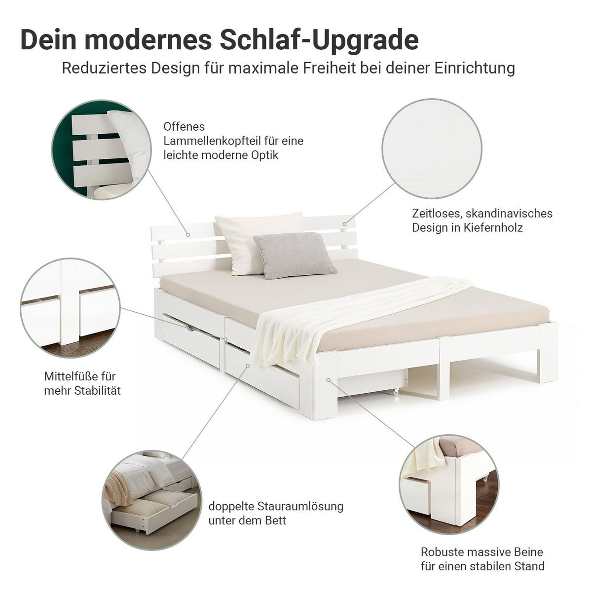 HOLZBETT Weiß 180/200 cm mit 2 Matratzen und Bettkästen - Weiß, Holz - Homestyle4u