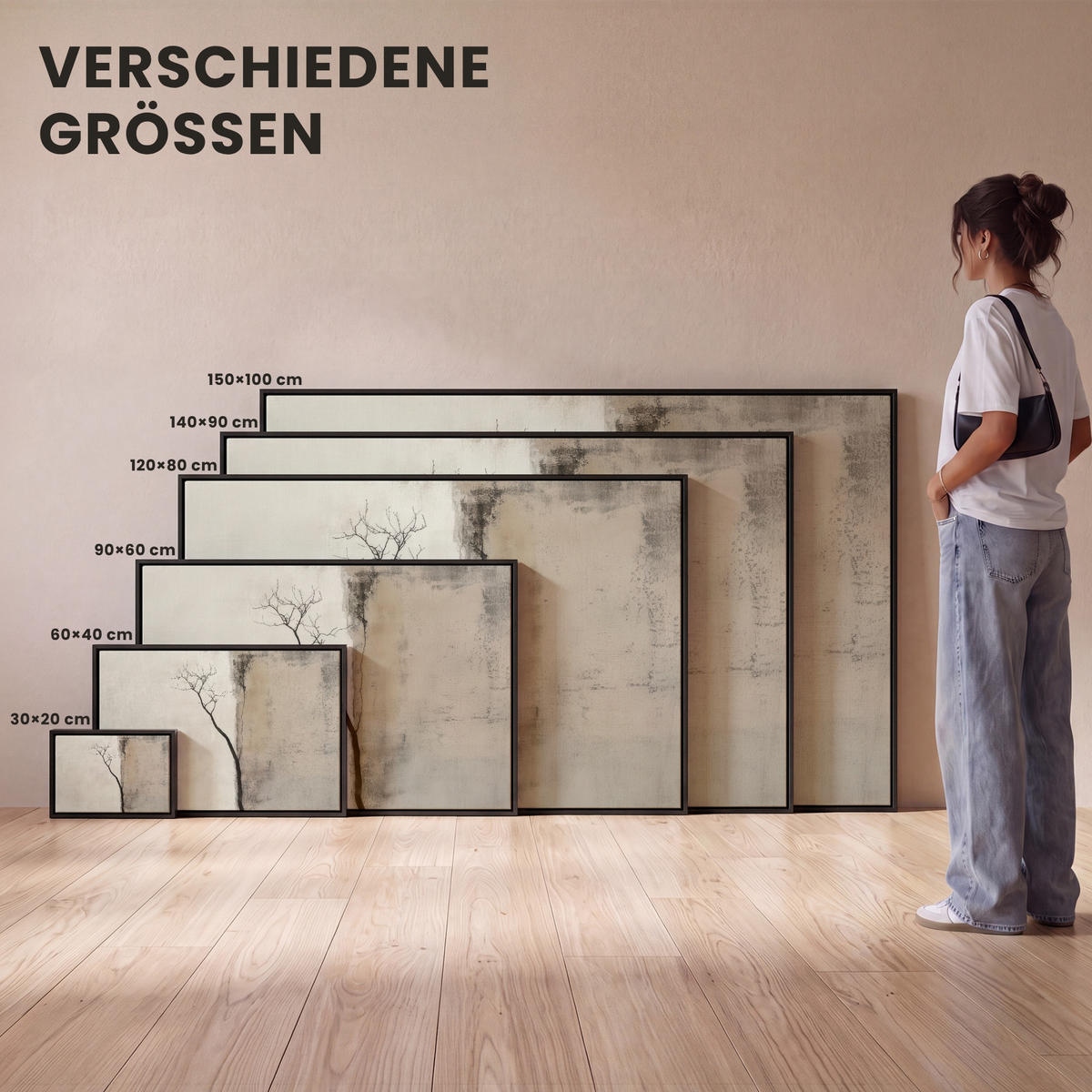 LEINWAND Bilder mit Rahmen - Wabi sabi - Pflanze - Beige - 150x100 - Taupe, Textil (150/100cm) - MuchoWow