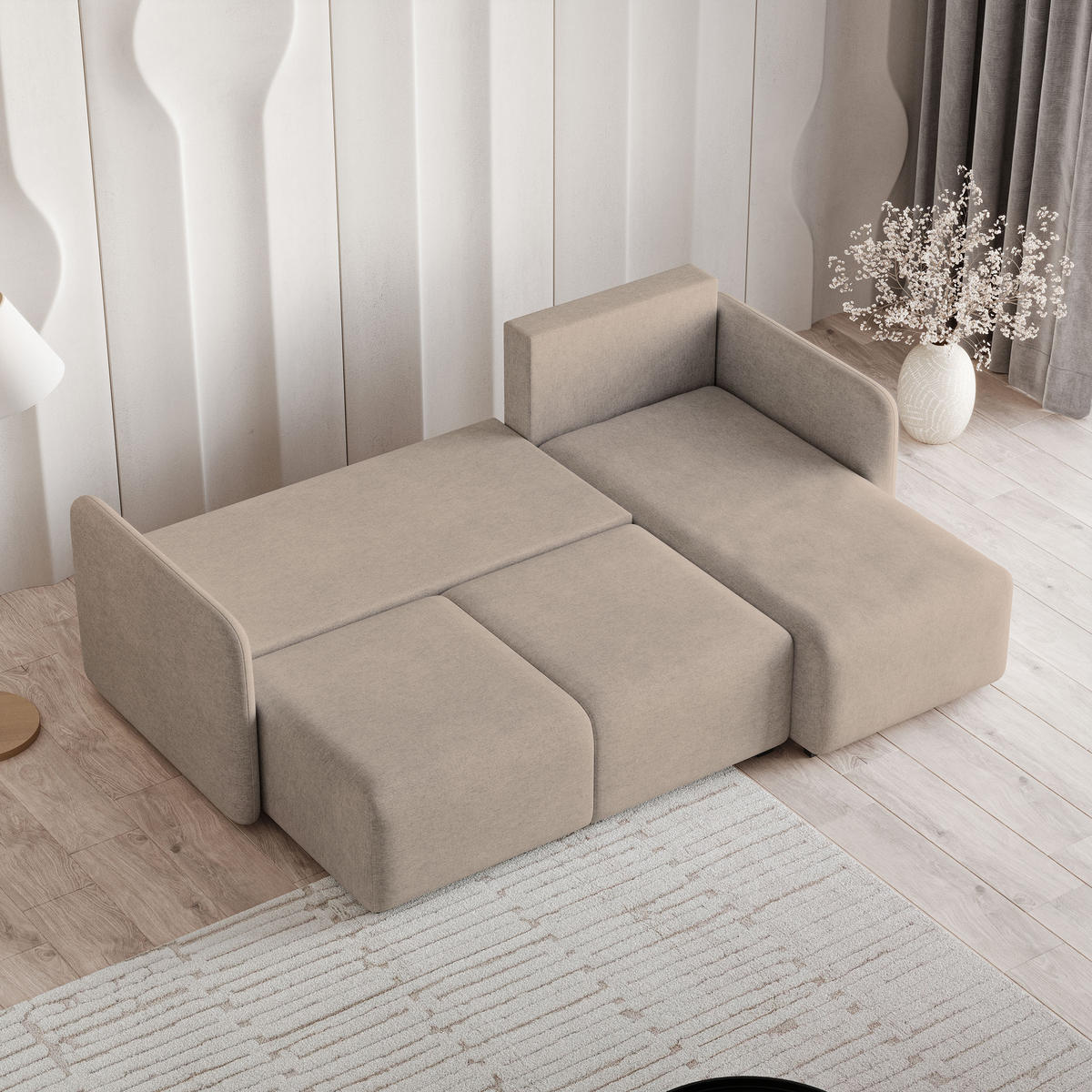 ECKSOFA SUVINO Beige Geflochtener Stoff mit Schlaffunktion - Beige, Holz (230/143cm) - MASSENO