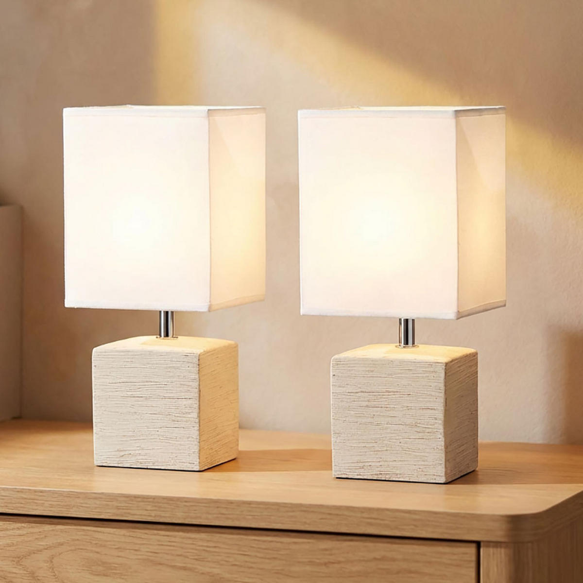 LED TISCHLEUCHTE GERI Keramik Beige/Weiß 2er Set - Weiß, Textil (13/11/29cm) - Globo Lighting