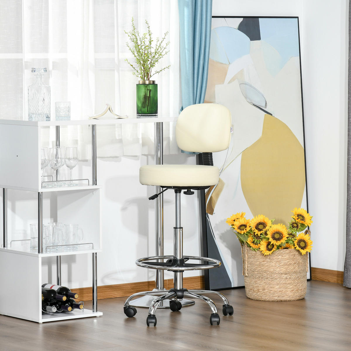 BARHOCKER Beige höhenverstellbar mit Rückenlehne und Rollen - Beige, Metall (57/104/56cm) - MIVRAY