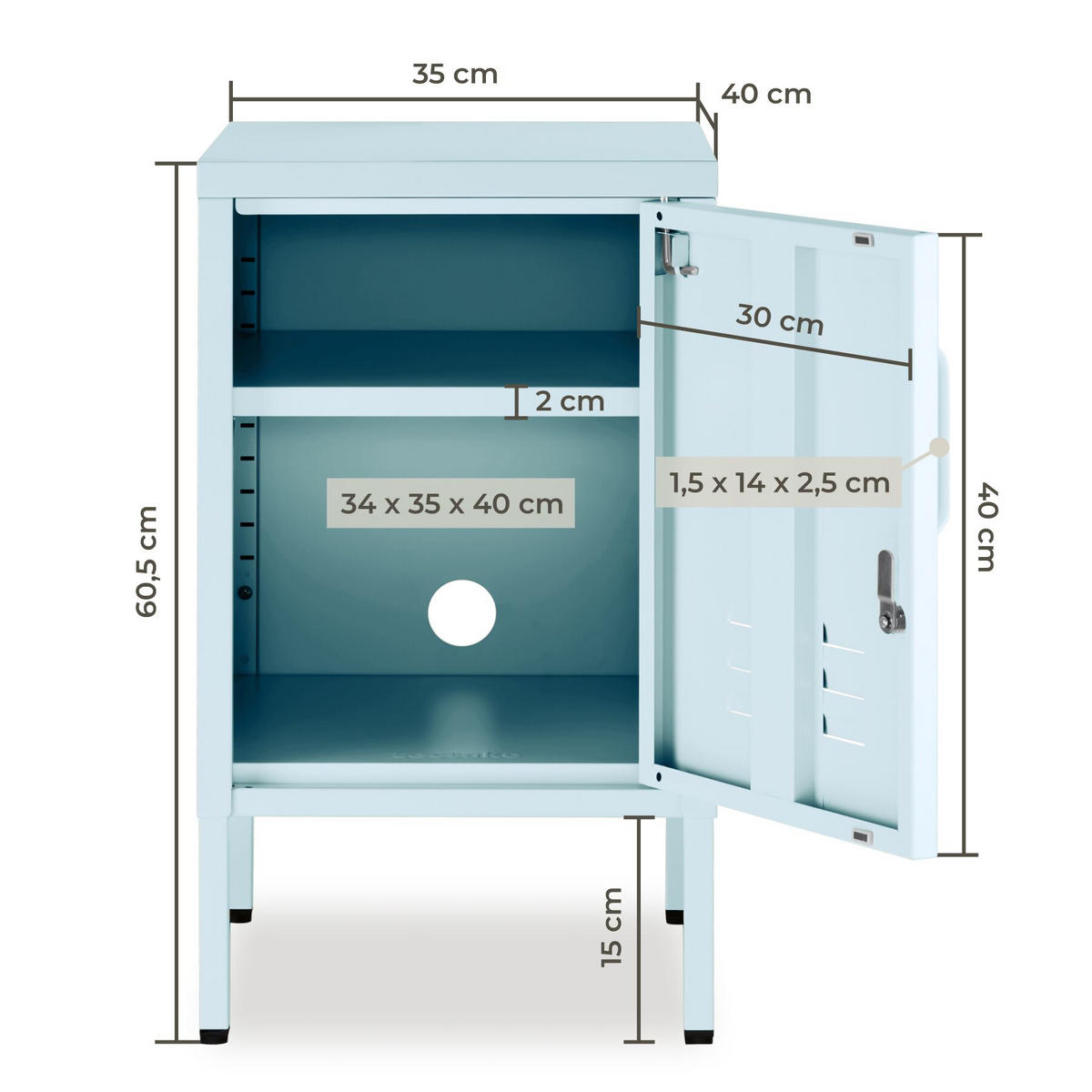 NACHTSCHRANK Baker, Kippschutz, höhenverstellbare Füße, grau/blau - Blau/Grau, Metall (35/60.5/42.5cm) - tectake